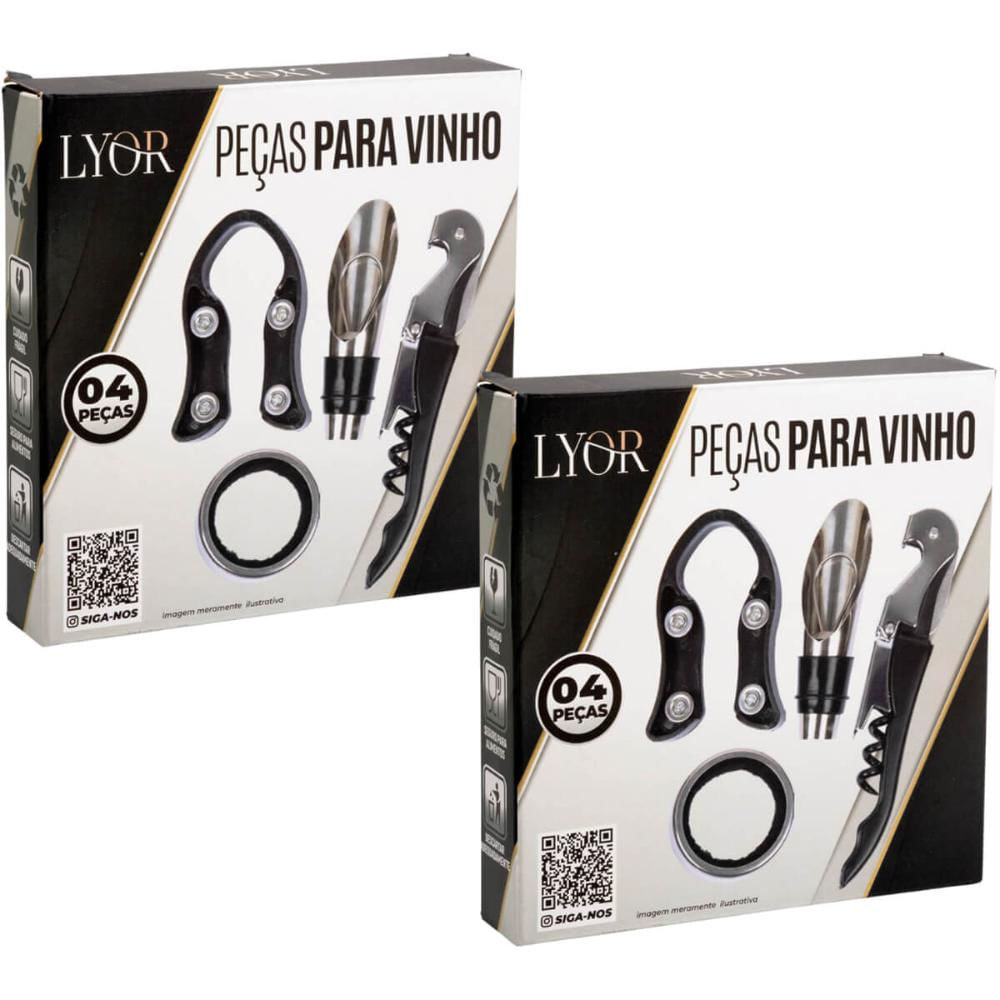 Kit Acessórios para Vinho 8 peças Lyor em Aço Inox Preto Profissional Saca Rolhas Bico Dosador