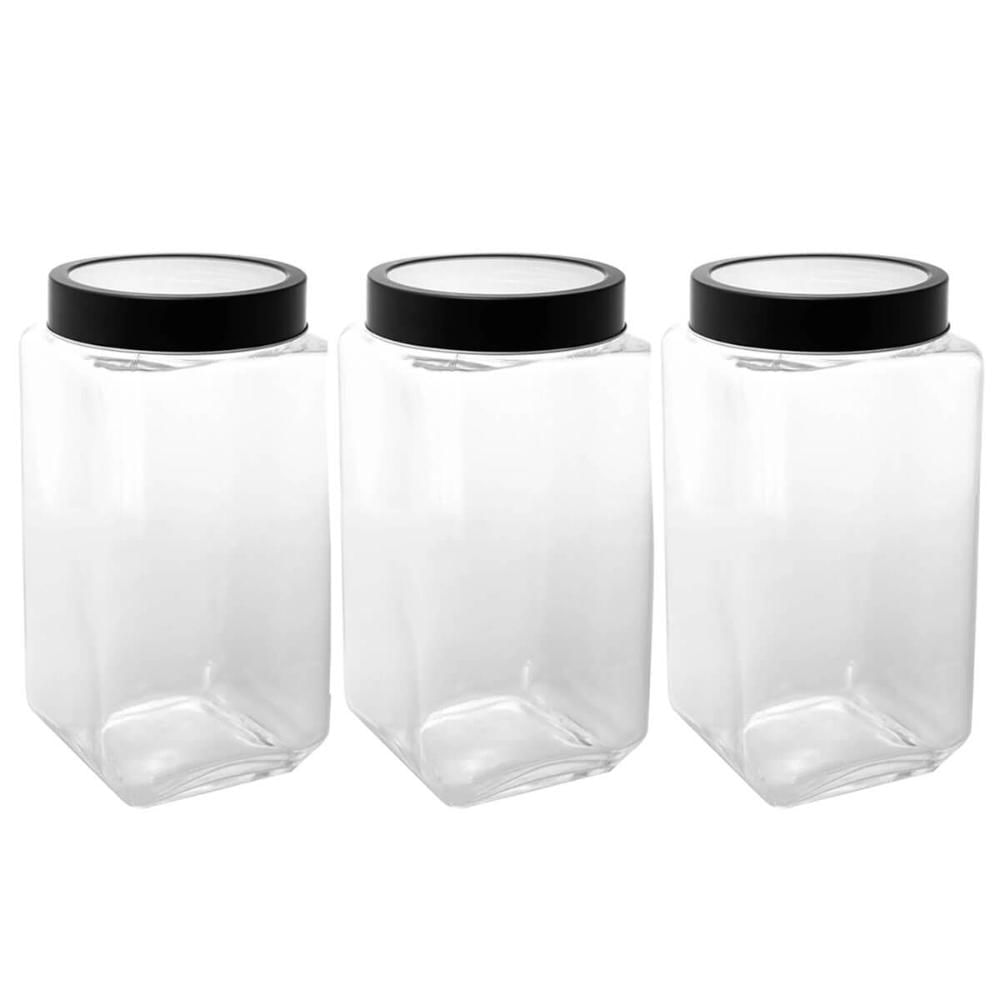 Kit 3 Porta Mantimentos de Vidro 2,2L com Tampa de Metal Preta Lyor Potes para Alimentos