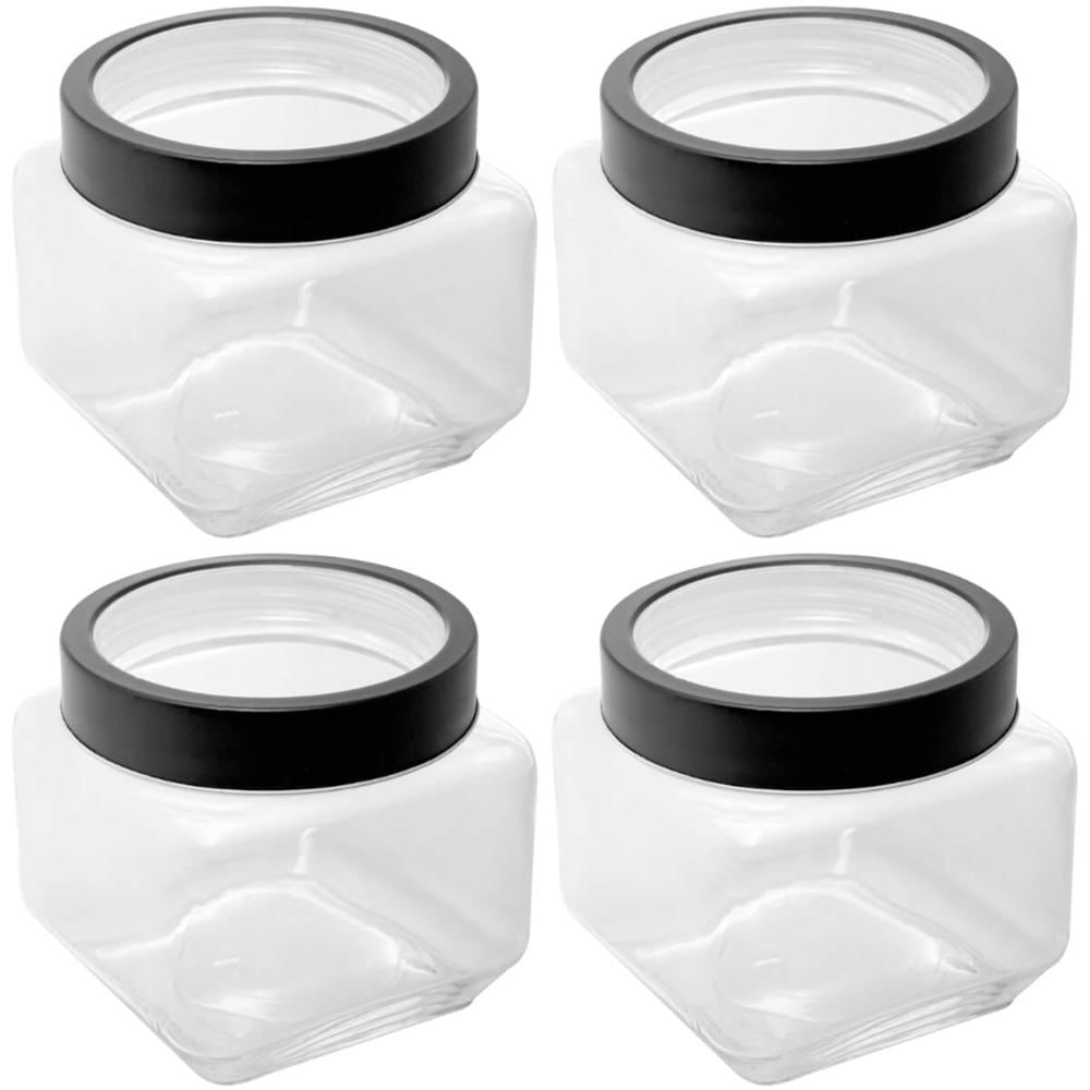 Kit 4 Potes 800ml Gastro Lyor Vidro Tampa Metal Preta Porta Mantimentos Quadrado