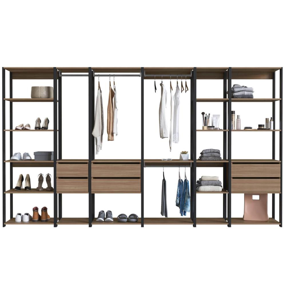 Guarda Roupa Closet 6 Módulos 320x45x183cm Preto e Montana com Gavetas Cabideiro e Nichos Easy Prode