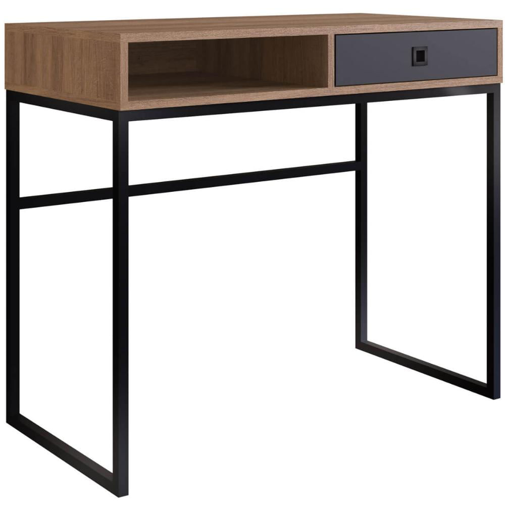 Escrivaninha Com Gaveta Mesa De Computador Grafite E Mel 91cm Nicho Placa e Ponto Estilo Industrial