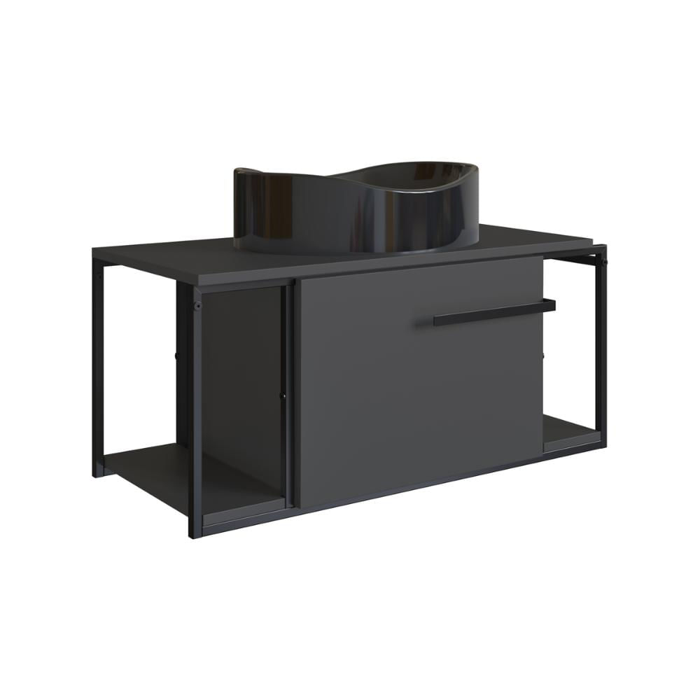 Gabinete Suspenso Para Banheiro 80cm P1019 Grafite com Cuba Berlin Preta