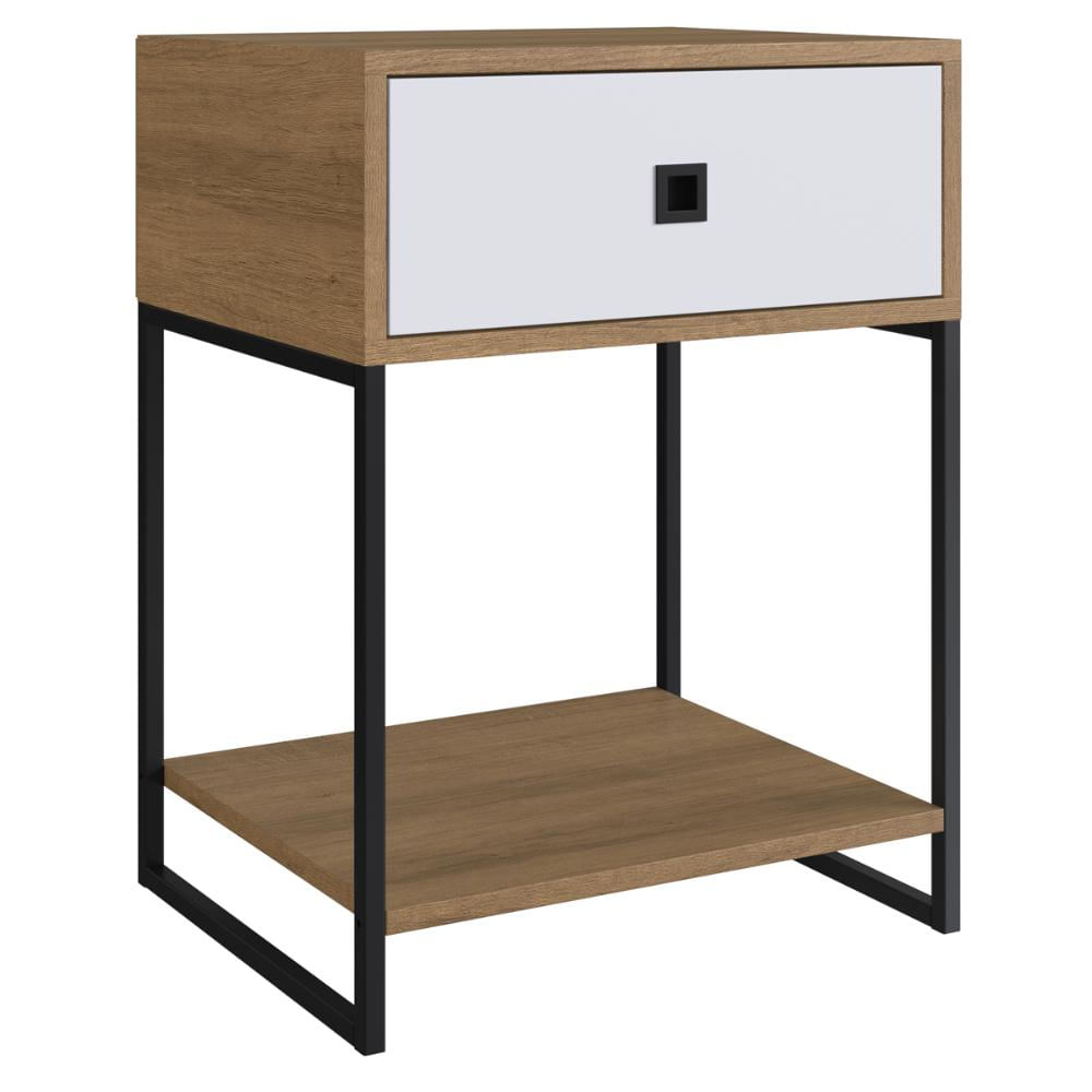 Mesa De Cabeceira Industrial P1026 Mel Branco 45x37x61cm Criado Metal MDF