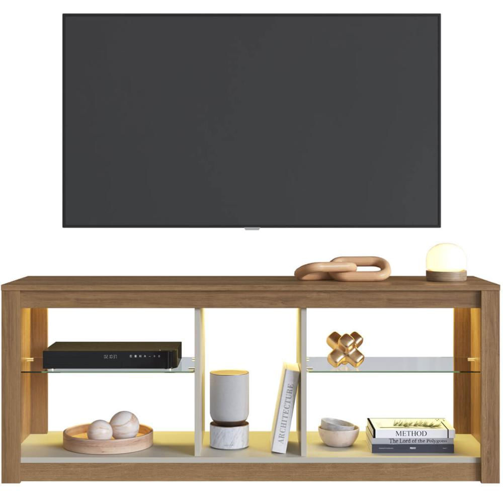 Rack de Sala Tv Até 55" Led Rgb Prateleira Vidro Mel/Arenas Estante Para Tv Prodecor