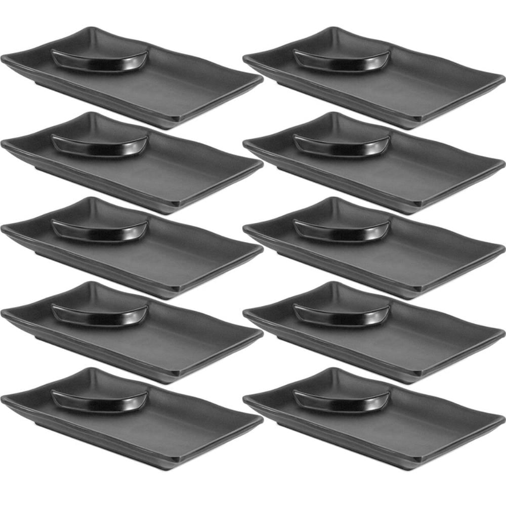 10 Pratos para Sushi 19x12cm com Porta Shoyu Melamina Comida Japonesa