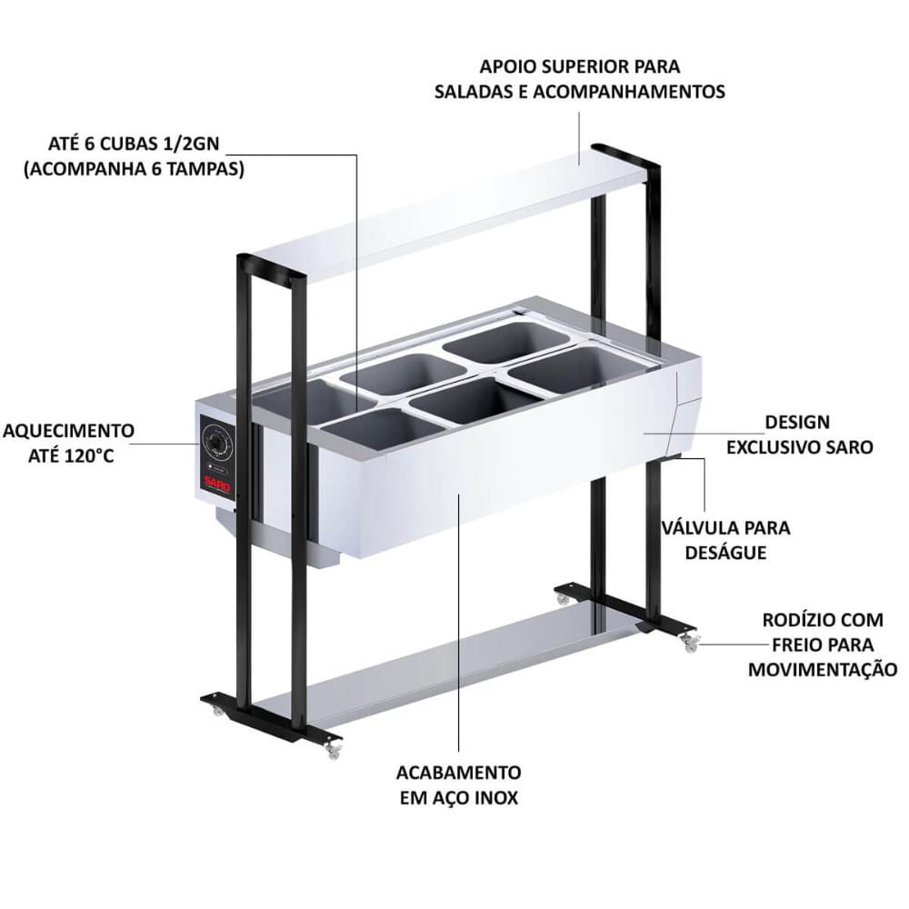 Buffet térmico Aquecido Saro Com 6 Cubas Com Tampa Inox 127V BF611 127v