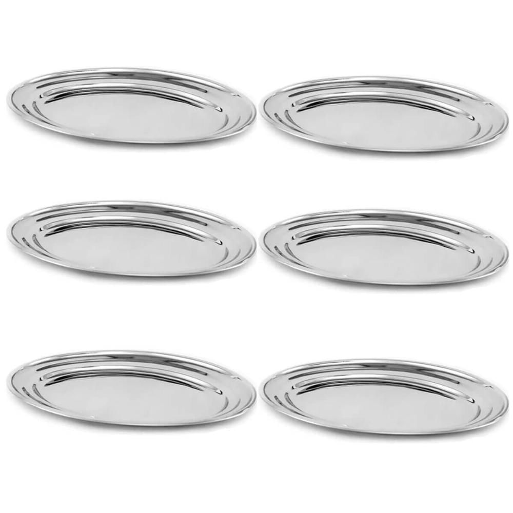 Kit 6 Travessas de Inox Grande Rasas 36,5cm Baixelas Ovais para Servir Saladas Carnes Hercules Mundial