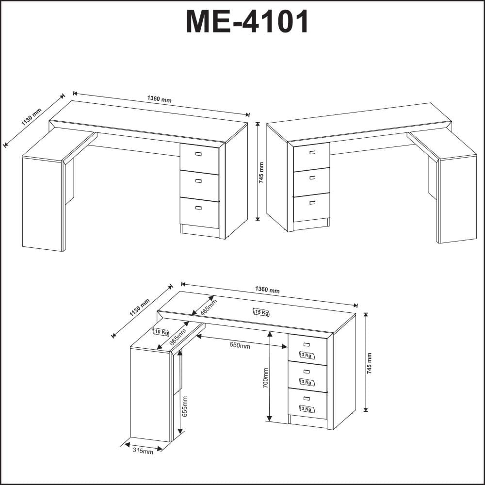 Mesa para Escritório com Mesa de Apoio e 3 Gavetas ME4101 Rústico Tecnomobili