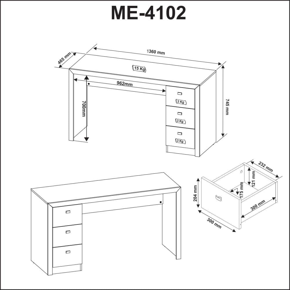 Mesa Reta para Escritório com 3 Gavetas ME4102 Rústico Tecnomobili