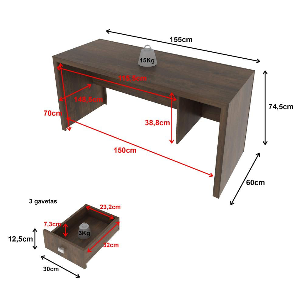 Mesa para Escritório 155cm com 3 Gavetas ME4113 Rústico Tecnomobili