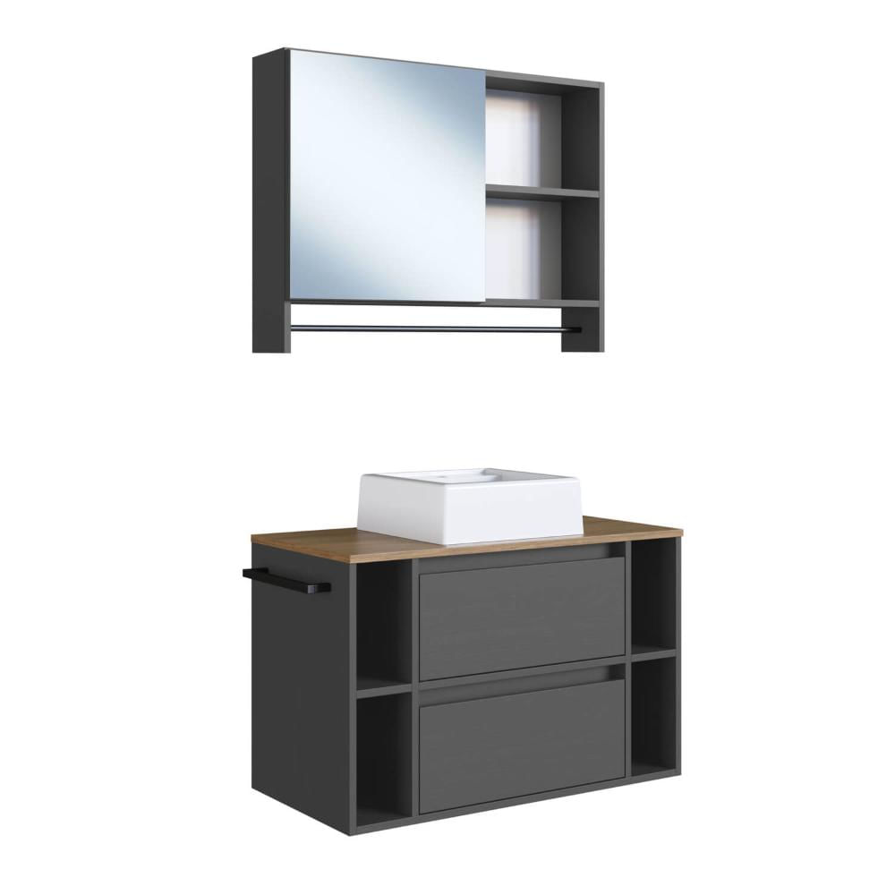 Gabinete Suspenso 80cm Cuba Espelho e Toalheiro Mel Grafite Conjunto para Banheiro com Espelheira CJ8010.20MG