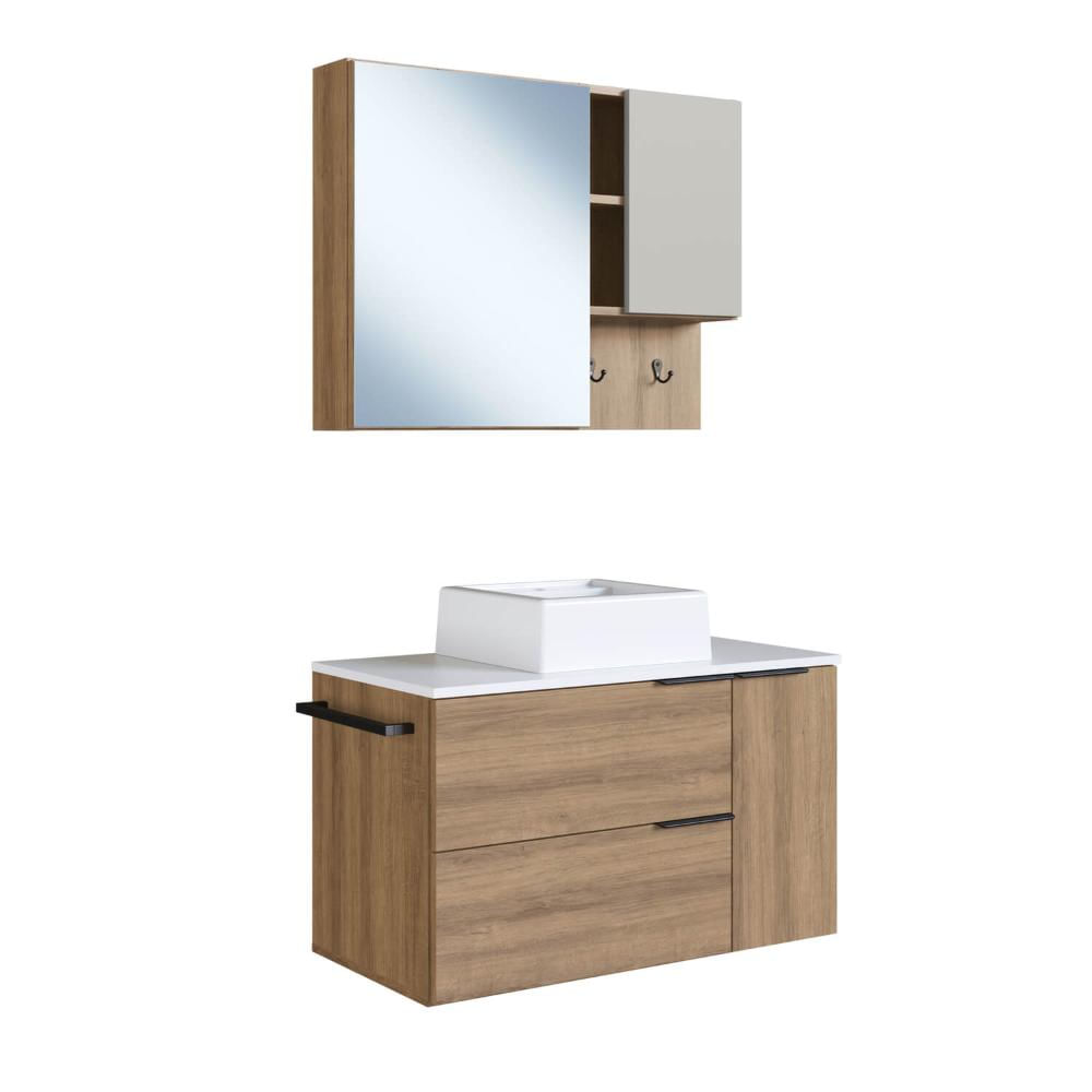 Gabinete Suspenso 80cm Cuba Espelheira Toalheiro Mel Branco Conjunto para Banheiro CJ8020.10MBA