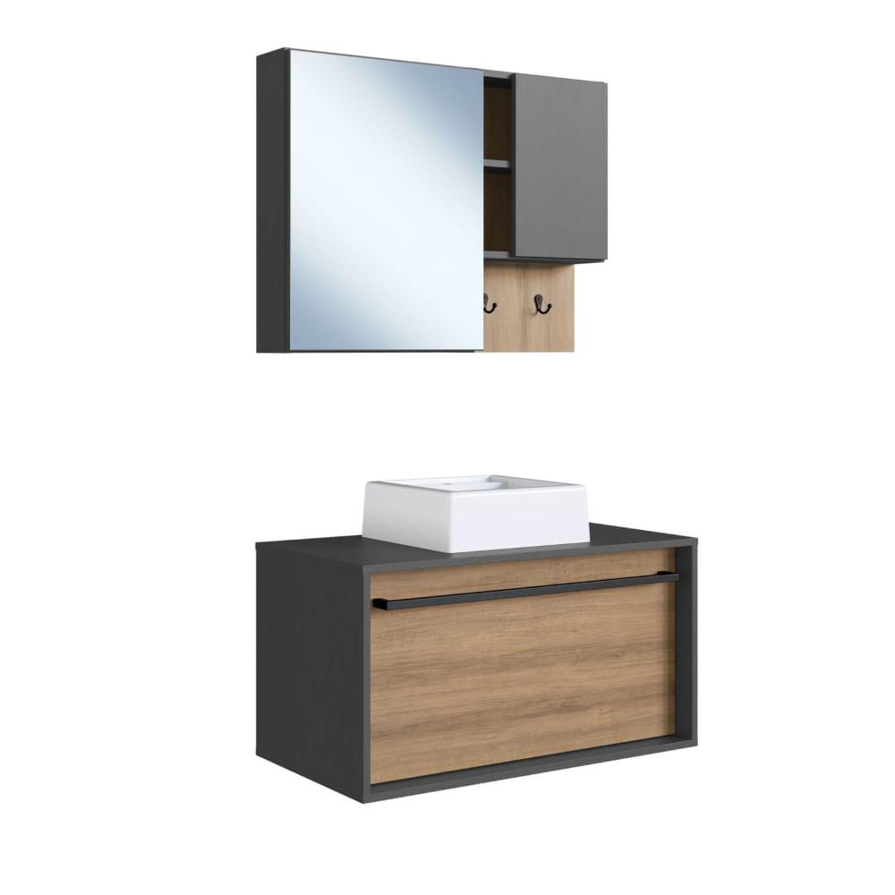 Gabinete Suspenso 80cm Mel Grafite Toalheiro Cuba Espelheira Conjunto para Banheiro CJ8040.10MG