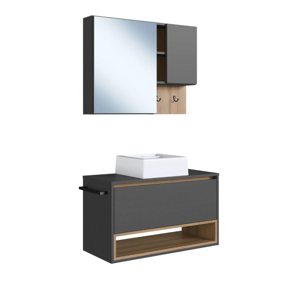 Gabinete Suspenso 80cm Grafite Mel Toalheiro Cuba Espelheira Conjunto para Banheiro CJ8060.10MG