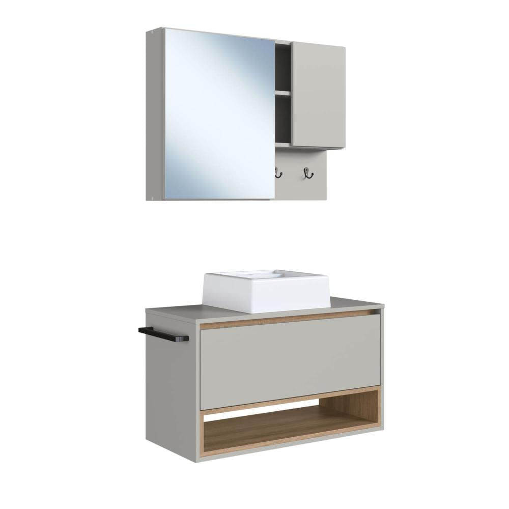 Gabinete Suspenso 80cm Arenas Mel Toalheiro Cuba Espelheira Conjunto para Banheiro CJ8060.10MA