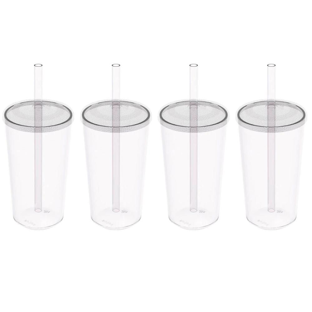 4 Copos com Tampa e Canudo 500ml Crippa Transparente Plástico Água Suco Bebidas