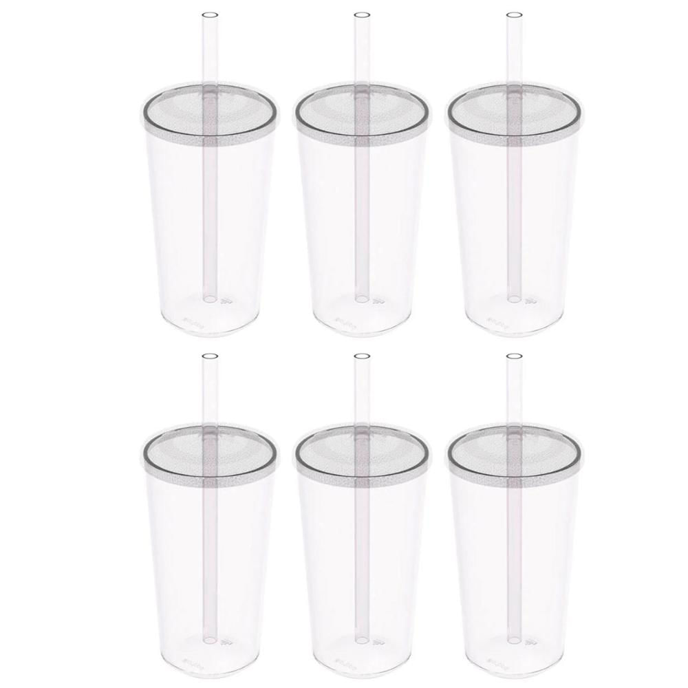 Kit 6 Copos com Tampa e Canudo 500ml Crippa Transparente Plástico Água Suco Bebidas
