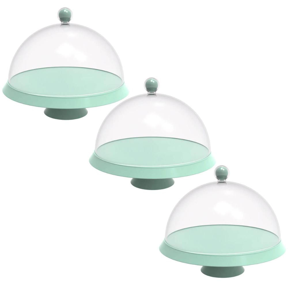 Kit 3 Porta Bolos 25cm Verde Menta com Cúpula e Pé Bubble Crippa Tortas Doces Boleira
