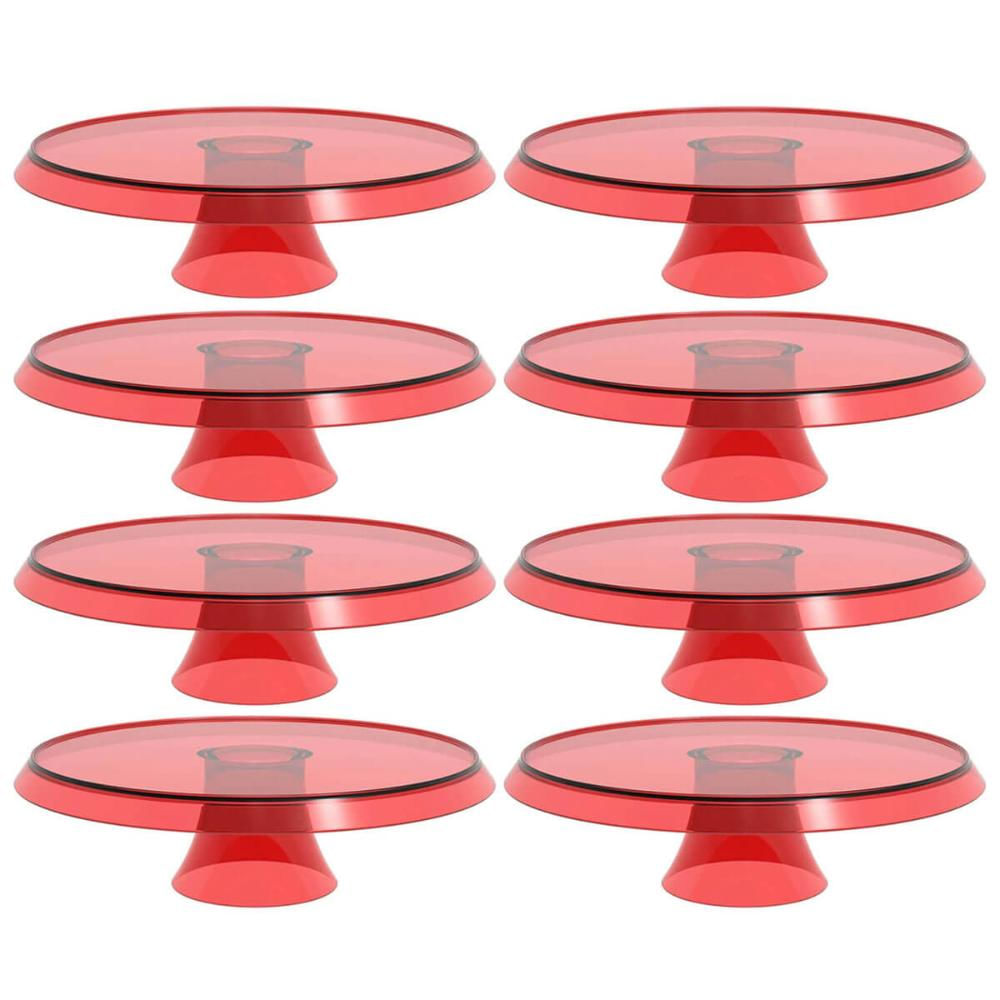 Kit 8 Bases Porta Bolos Tortas Doces 25cm com Pé Vermelho Transparente Glassy Crippa