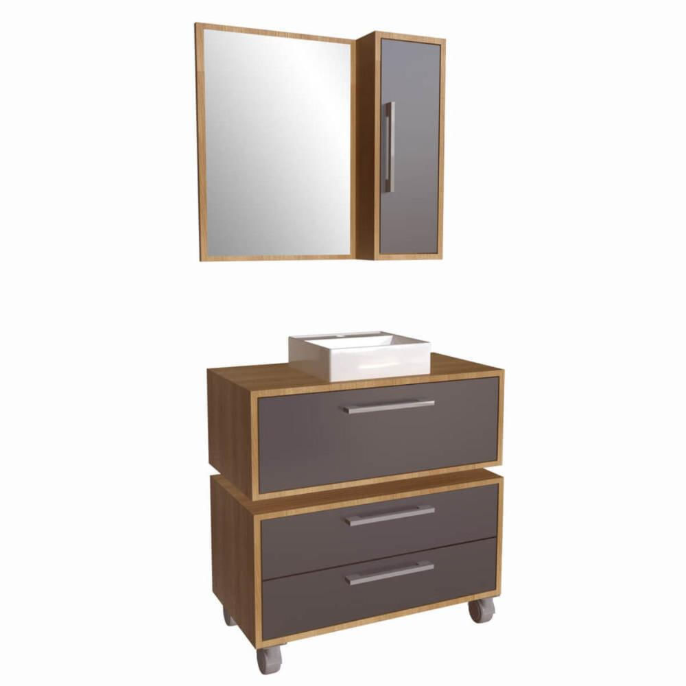 Gabinete 80cm Alice Mel Grafite Balcão Espelheira Cuba Branca Armário Suspenso 2 Gavetas Para Banheiro