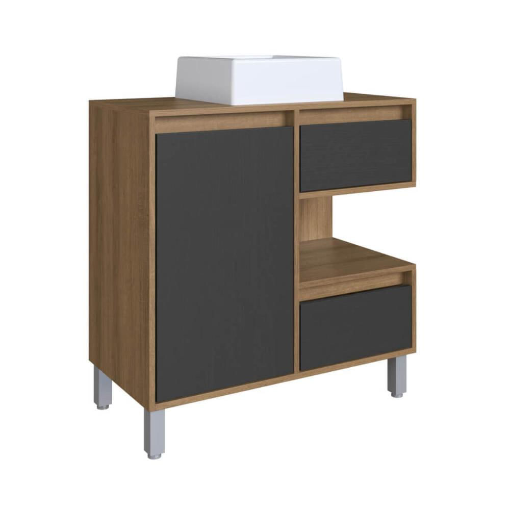 Gabinete Banheiro 80cm Paula Mel Grafite Cuba Branca Gavetas 1 Porta e 1 Nicho