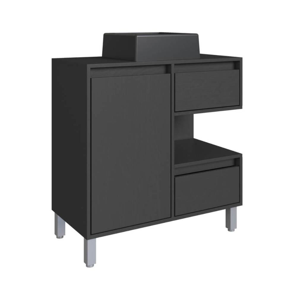 Gabinete Banheiro 80cm Paula Grafite com Cuba Preta Gavetas 1 Porta e 1 Nicho