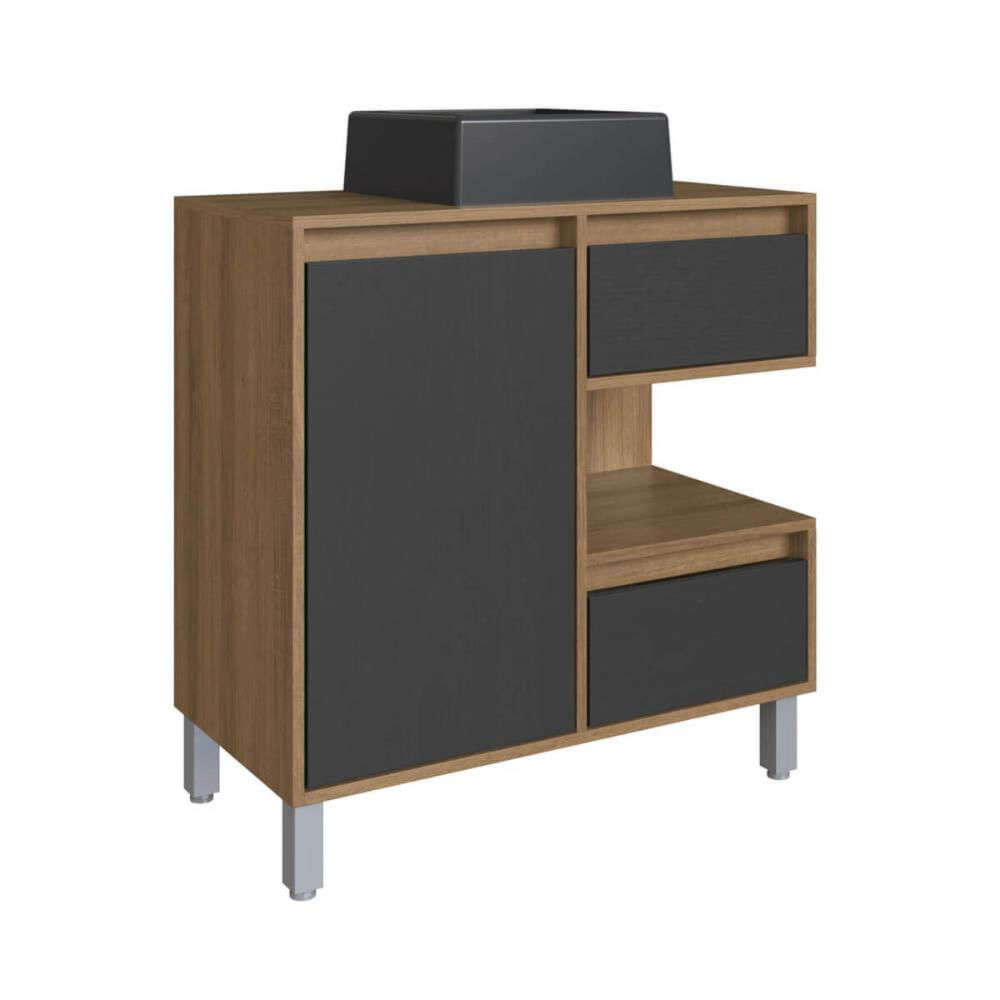 Gabinete Banheiro 80cm Paula Mel Grafite Cuba Preta Gavetas 1 Porta e 1 Nicho