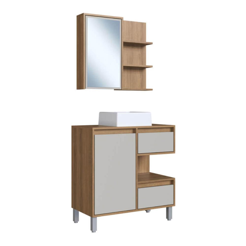 Gabinete 80cm Paula Mel Arenas Espelheira Porta Cuba Branca Em Mármore Sintético De Banheiro