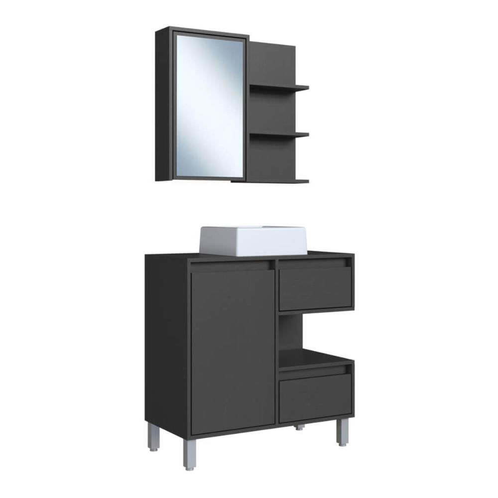 Gabinete 80cm Paula Grafite com Espelheira Porta Cuba Branca Em Mármore Sintético De Banheiro
