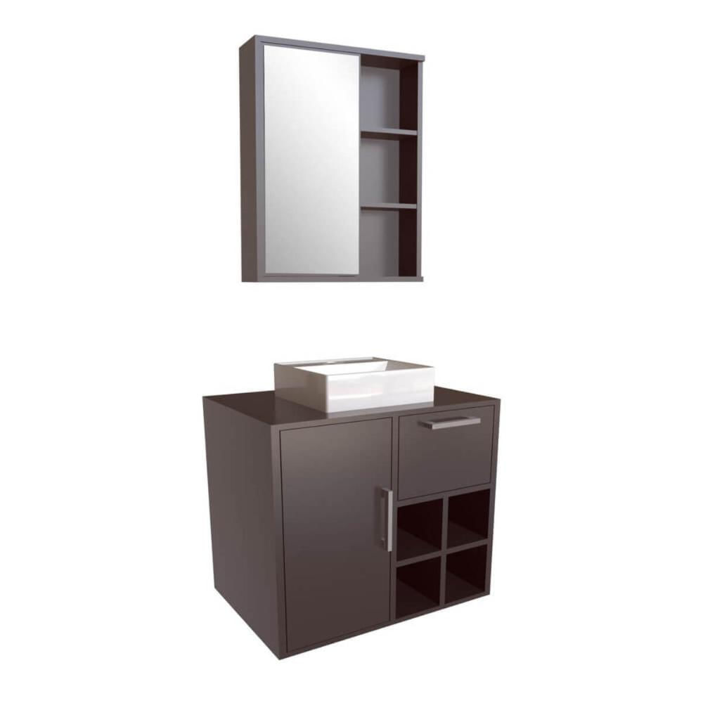 Gabinete Suspenso 68cm Eduarda Grafite Cuba Branca 1 Balcão 1 Porta 1 Gaveta E Espelheira De Banheiro