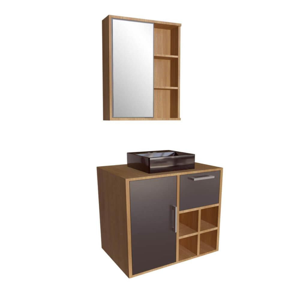 Gabinete Suspenso 68cm Eduarda Mel Grafite Cuba Preta Balcão 1 Porta 1 Gaveta E Espelheira De Banheiro