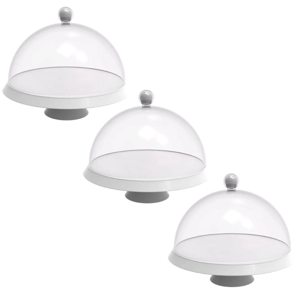 Kit 3 Porta Bolos 25cm Branco com Cúpula e Pé Bubble Crippa Tortas Doces Boleira