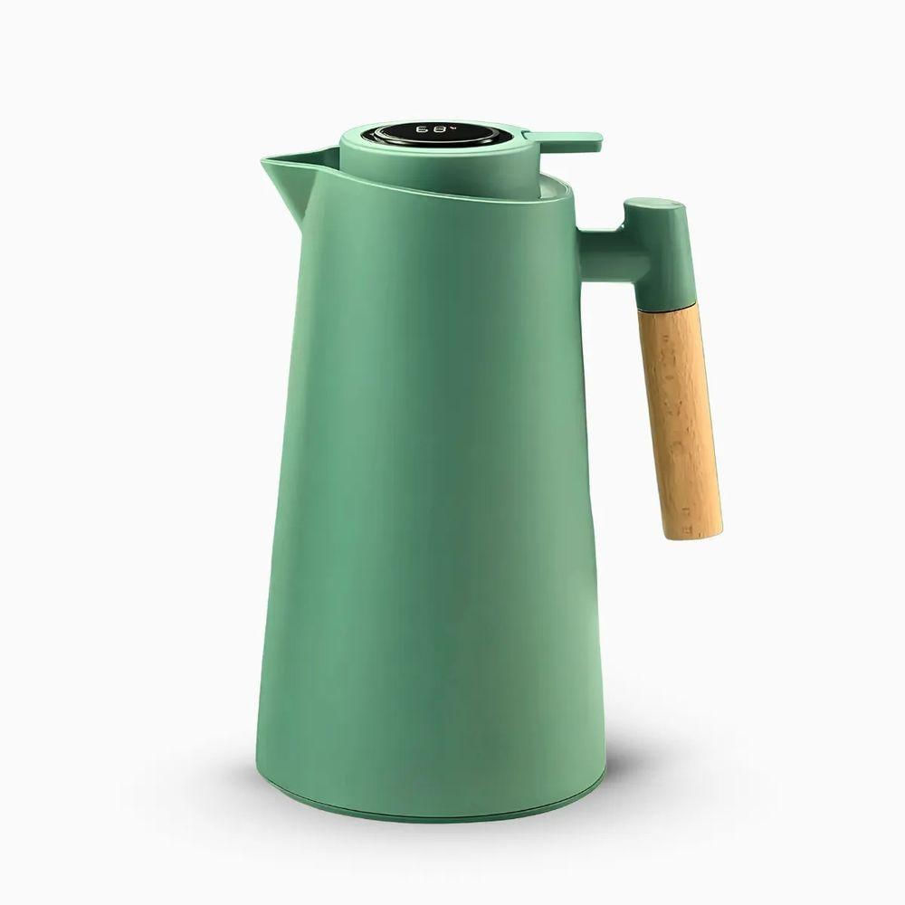 Garrafa Térmica Inteligente Com Termômetro Cabo Madeira Com Display Digital 1l Verde