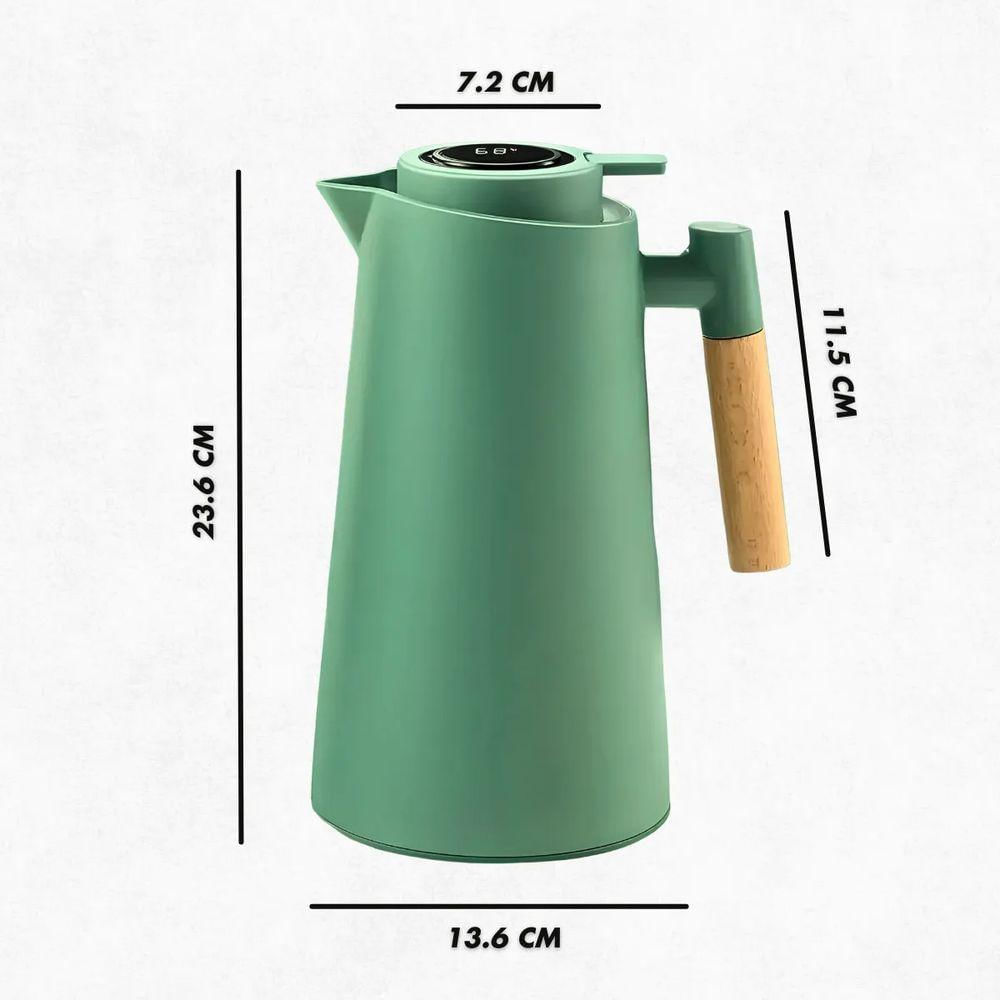 Garrafa Térmica Inteligente Com Termômetro Cabo Madeira Com Display Digital 1l Verde