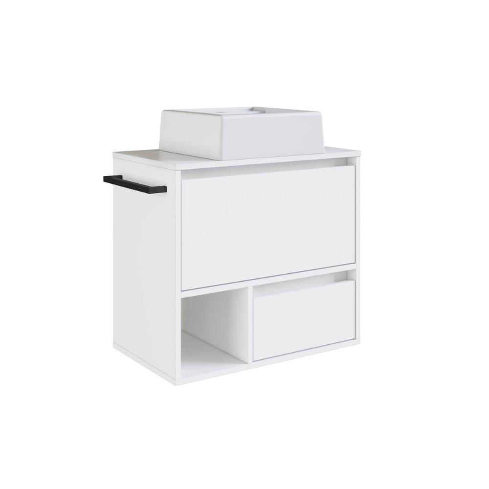 Gabinete de Banheiro Suspenso Branco 60cm com Cuba e Toalheiro 1 Porta e 1 Gaveta