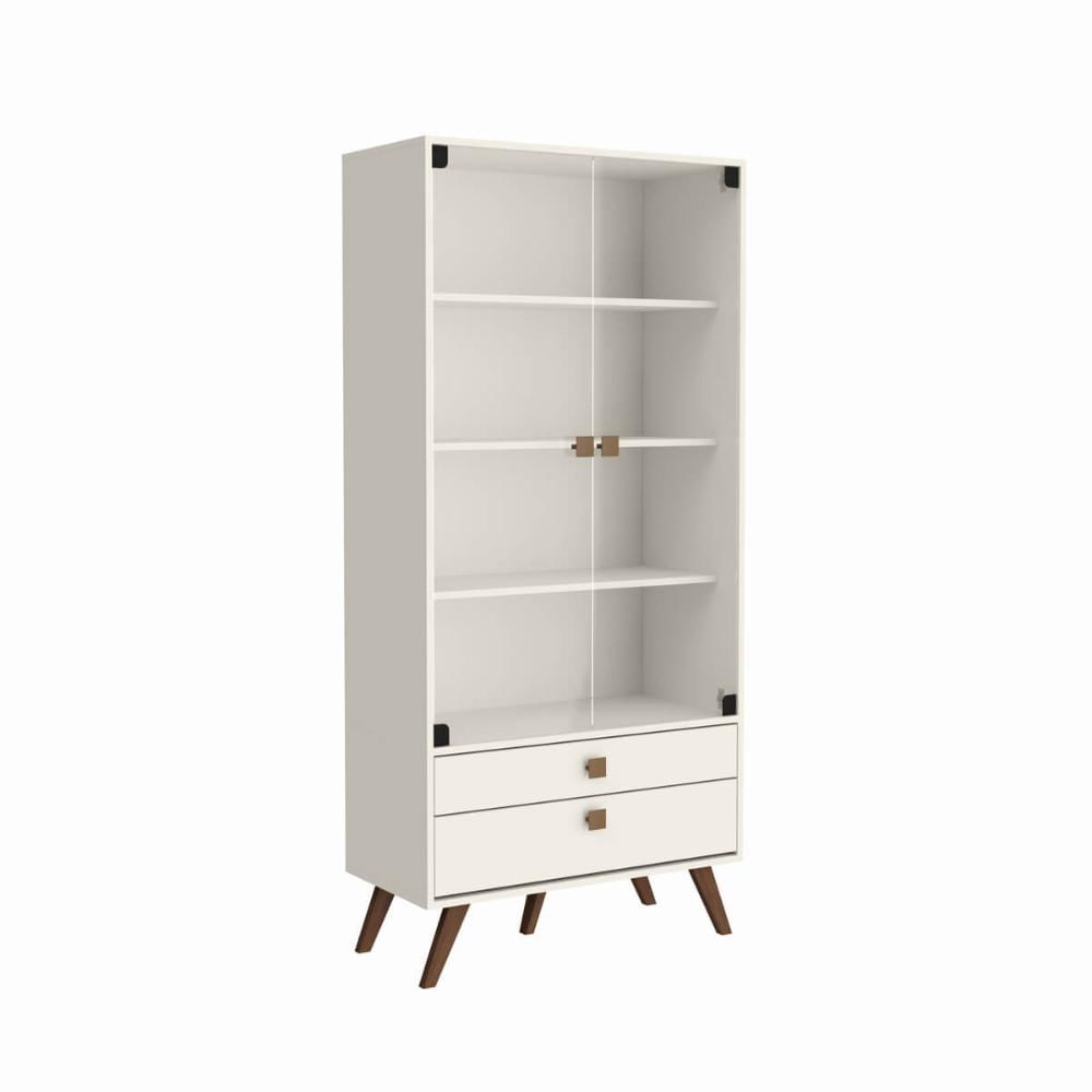 Cristaleira Retrô Off White com 2 Gavetas Portas de Vidro e Pés Palito RT 3151 Movelbento