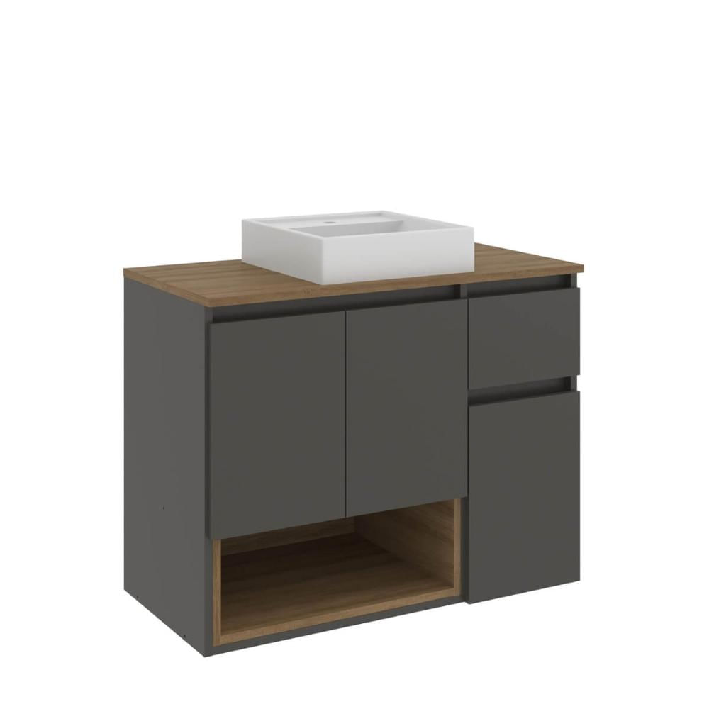 Gabinete de Banheiro Suspenso 80x40x62cm Aurora com Cuba Mel Grafite MDP Faema