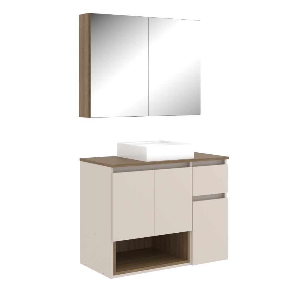 Conjunto Gabinete de Banheiro 80cm Aurora com Espelheira e Cuba Mel Arenas MDP Faema