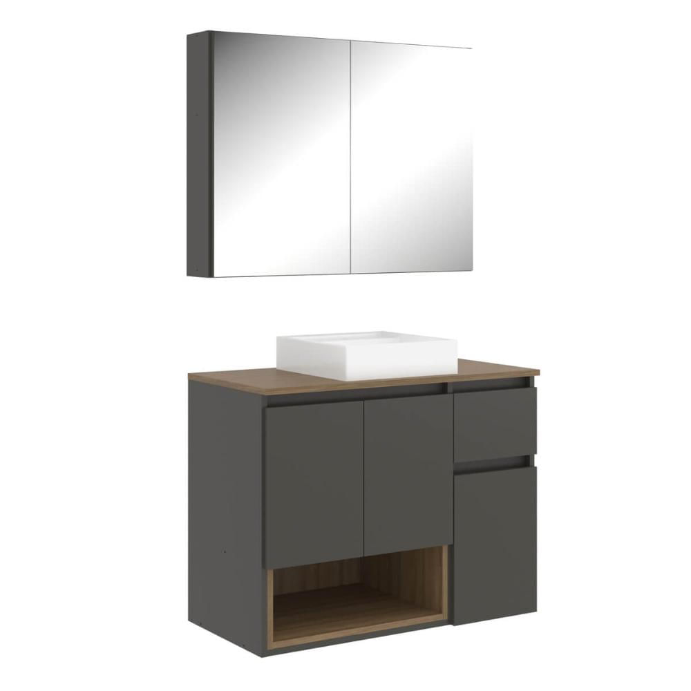 Conjunto Gabinete de Banheiro 80cm Aurora com Espelheira e Cuba Mel Grafite MDP Faema