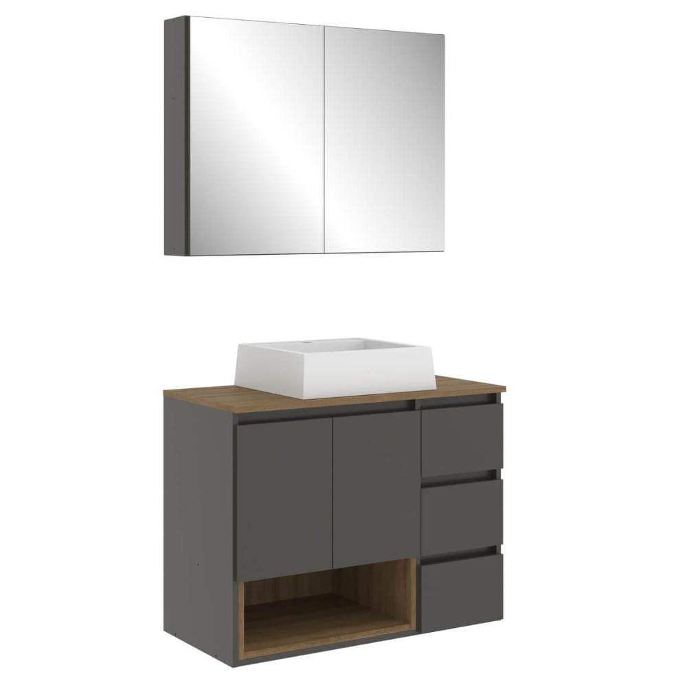 Conjunto Gabinete de Banheiro 80cm Mel Grafite Vitória com Espelheira e Cuba MDP Faema