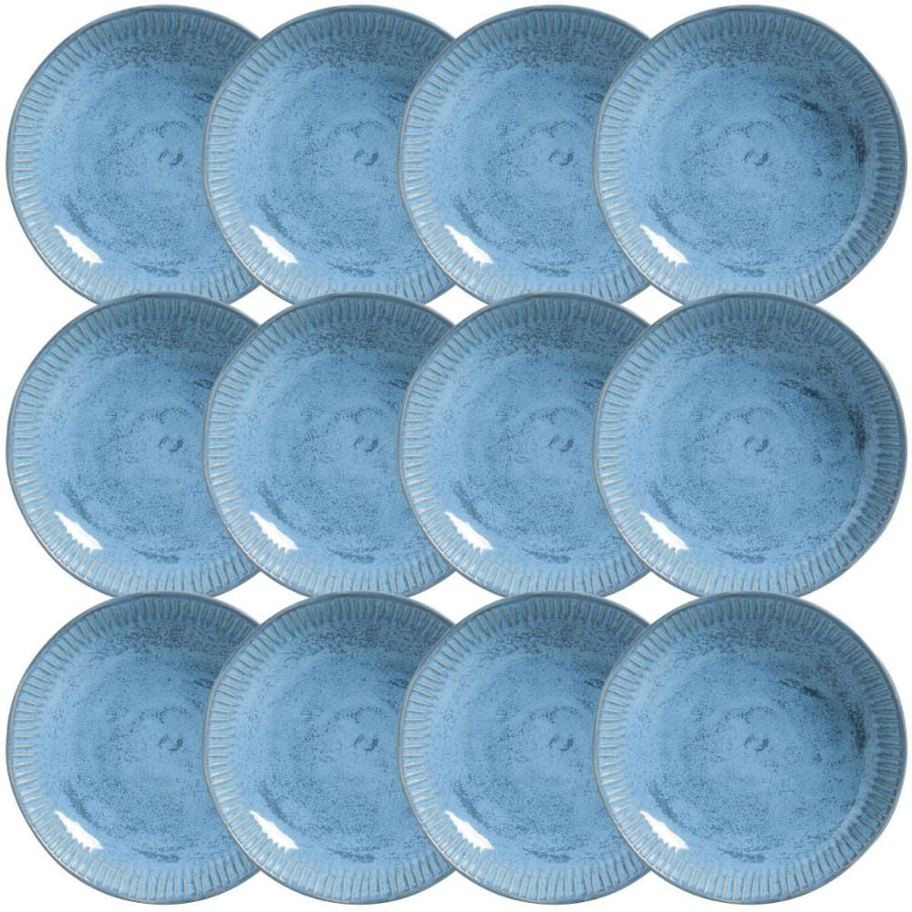 Kit 12 Pratos Fundos 830ml Cerâmica Azul Linhas Breeze 22,5cm Mesa Jantar Porto Brasil