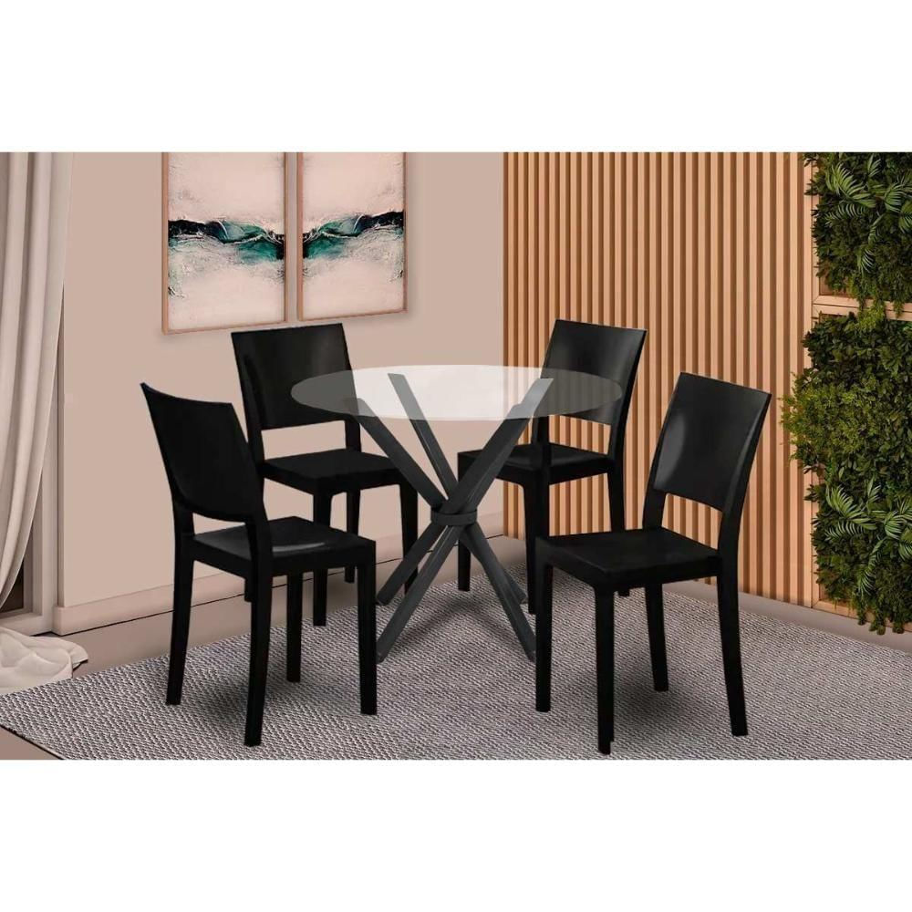 Sala De Jantar Volga Com Tampo De Vidro 95x95cm E 4 Cadeiras Hydra Plus Preto