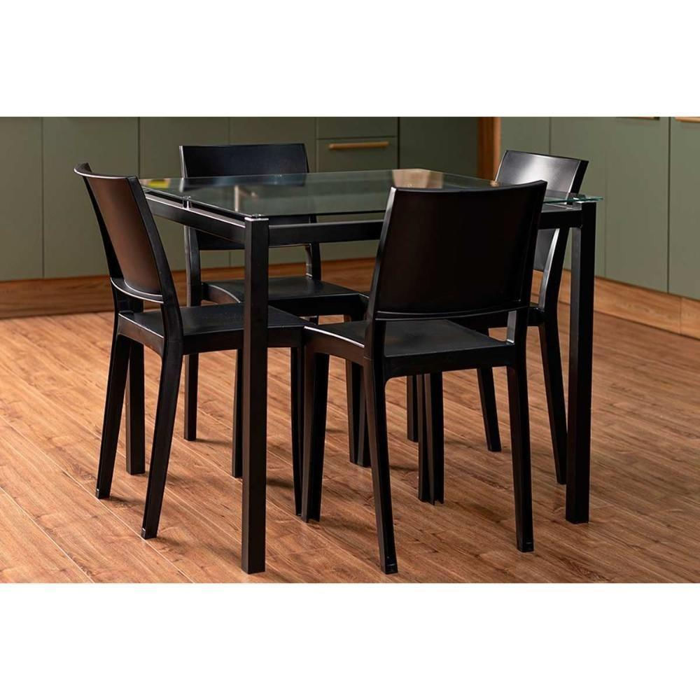 Conjunto Mesa Sala Jantar Reno Com Tampo De Vidro 90x90cm E 4 Cadeiras Hydra Plus Preto Kappesberg