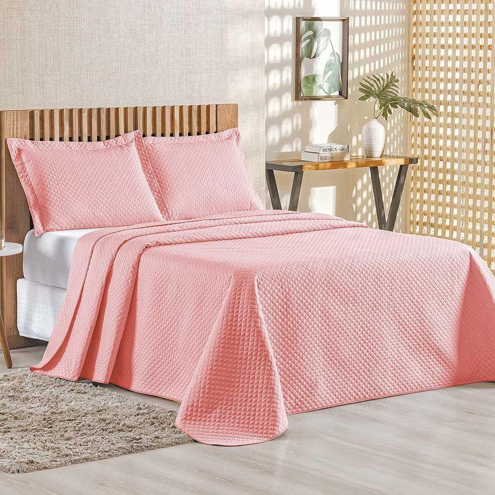 Kit Cobre Leito Colcha Ideale Queen 3 Peças Matelado Geométrico - Salmão - 100% Poliéster