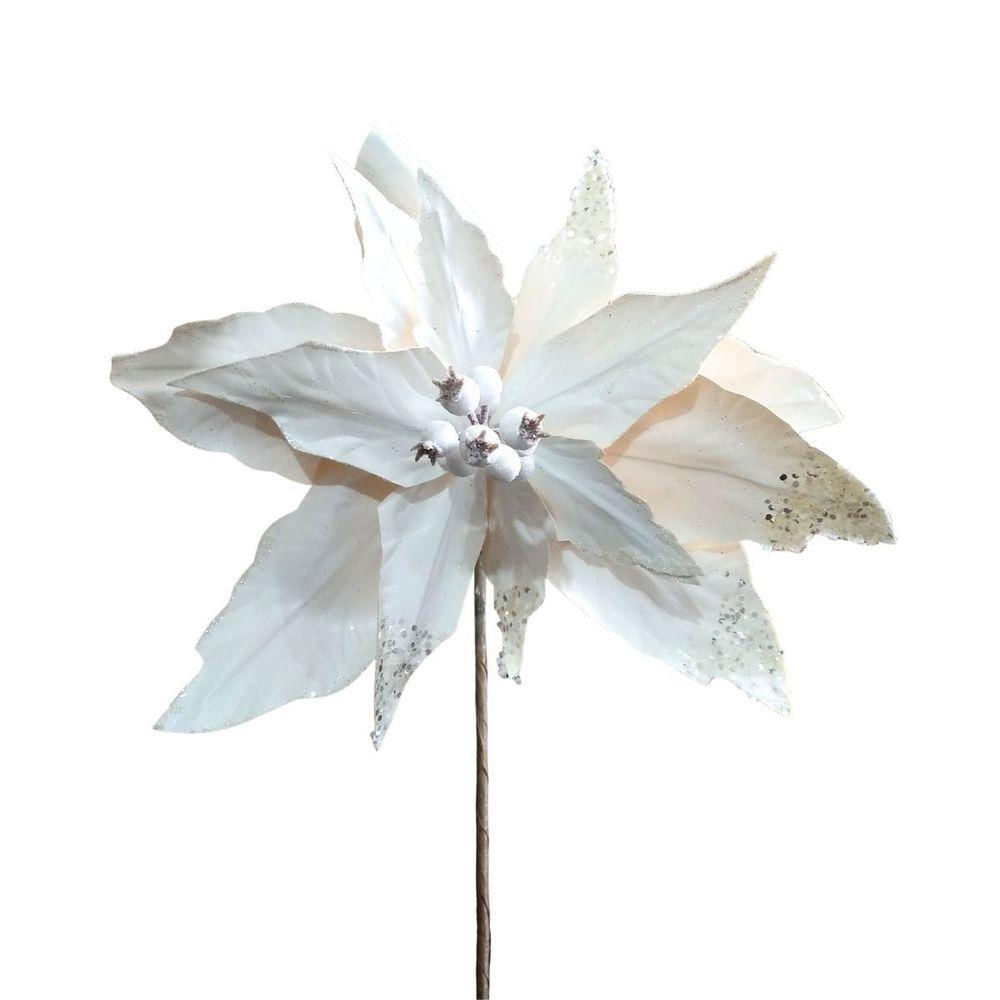 Flor Decorativa Poinsetia Branca Com Glitter Tecido - 1 Unidade