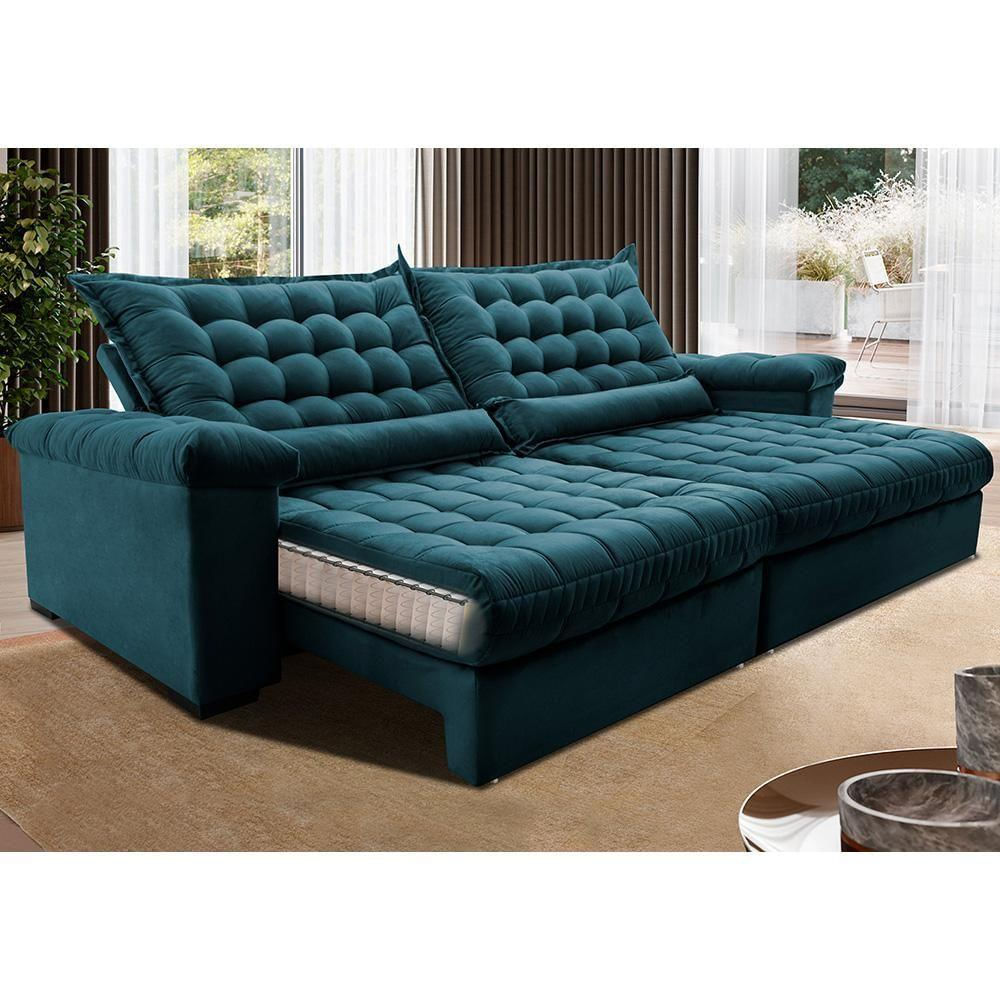 Sofá Retrátil E Reclinável 2,95m Molas Ensacadas Cama Inbox Big Space Com Bordado 3d Velusoft Petróleo