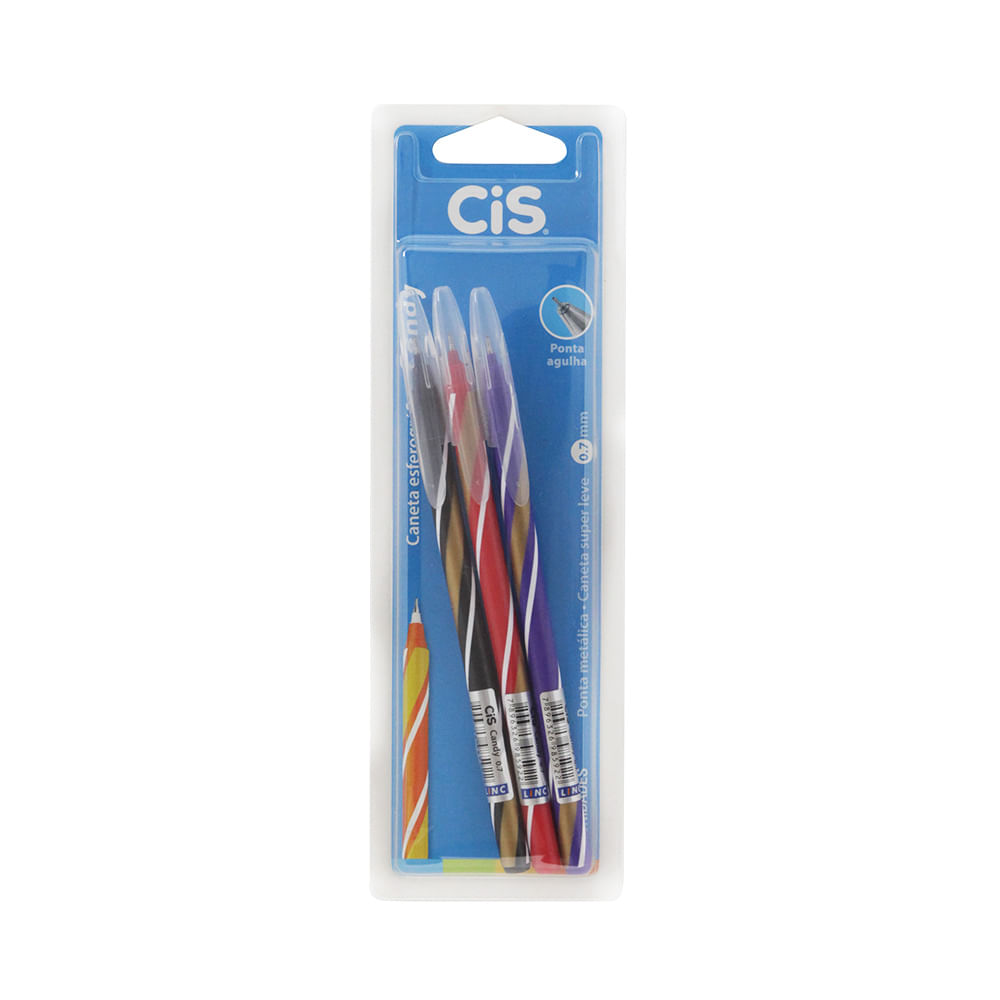 Caneta Esferográfica Cis Candy Listras 0.7mm com 3 Unidades Cores Diversas - Item Sortido
