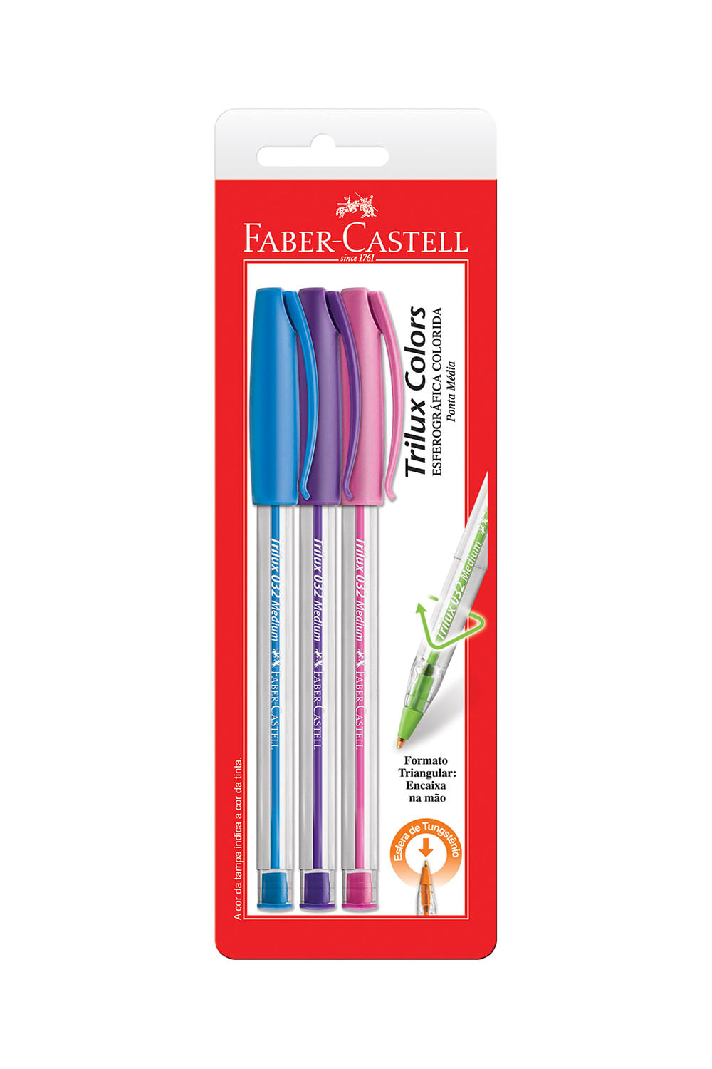 Caneta Esferográfica Faber-Castell Trilux Colors 1.0mm com 3 Unidades