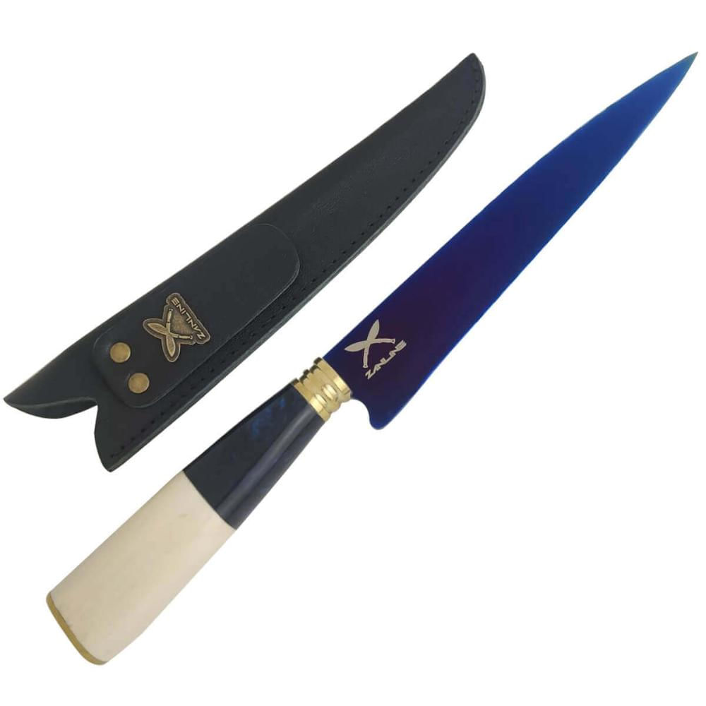 Faca de Churrasco Ponta Fina Artesanal Lâmina Azul UV 8' Zanline Aço Inox Osso e Resina
