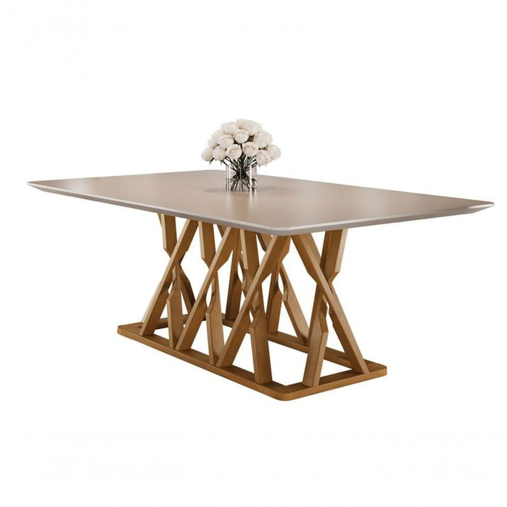 Mesa De Jantar Moderna Madeira Maciça Com Vidro 2,20x1,10m Quartzo